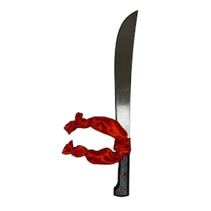 May include: A large, curved blade machete with a silver finish. The black handle has red heart-shaped accents. A bright red satin ribbon is tied around the blade near the handle.