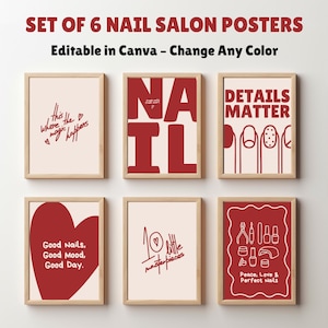 Red Nail Salon Poster Set: Modern Beauty Studio Decor (Digital Download, Canva Editable