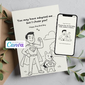 Cartão engraçado para o pai do cachorro – Cartão editável para o Dia dos Pais do Rescue Dog – Modelo Canva – Adoção de cachorro super-herói para impressão