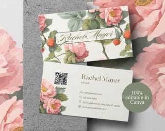 Canva Business Card Template | Vintage Flower Design | Editable QR Card | Printable Digital Name Card