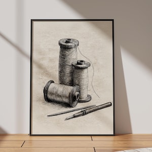 Vintage printable wall art of sewing thread spools and needle sketch. Antique style illustration with rustic background, ideal for sewing room décor, tailor workspace, or craft room poster. Digital download file for home or professional printing.