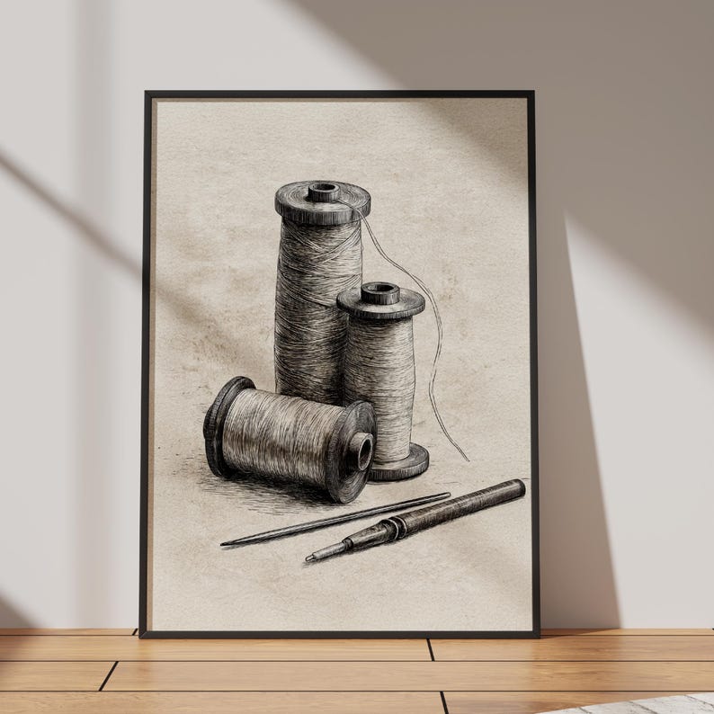 Vintage printable wall art of sewing thread spools and needle sketch. Antique style illustration with rustic background, ideal for sewing room décor, tailor workspace, or craft room poster. Digital download file for home or professional printing.