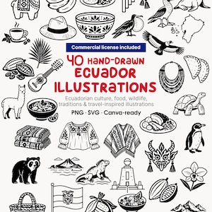 Puede incluir: Una colección de 40 ilustraciones dibujadas a mano en blanco y negro con temas ecuatorianos que incluyen fauna, comida, ropa y monumentos. El texto dice 40 HAND-DRAWN ECUADOR ILLUSTRATIONS, Commercial license included, PNG SVG Canva-ready.