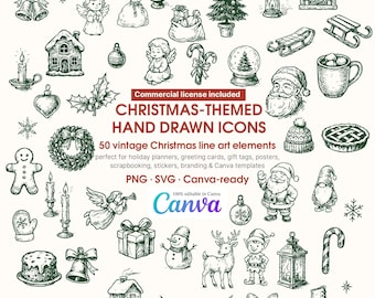 50 iconos navideños dibujados a mano / Arte lineal vintage (PNG, SVG)