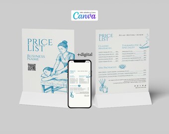 Sjabloon prijslijst massagespa: bewerkbaar Canva-menu (digitale download)