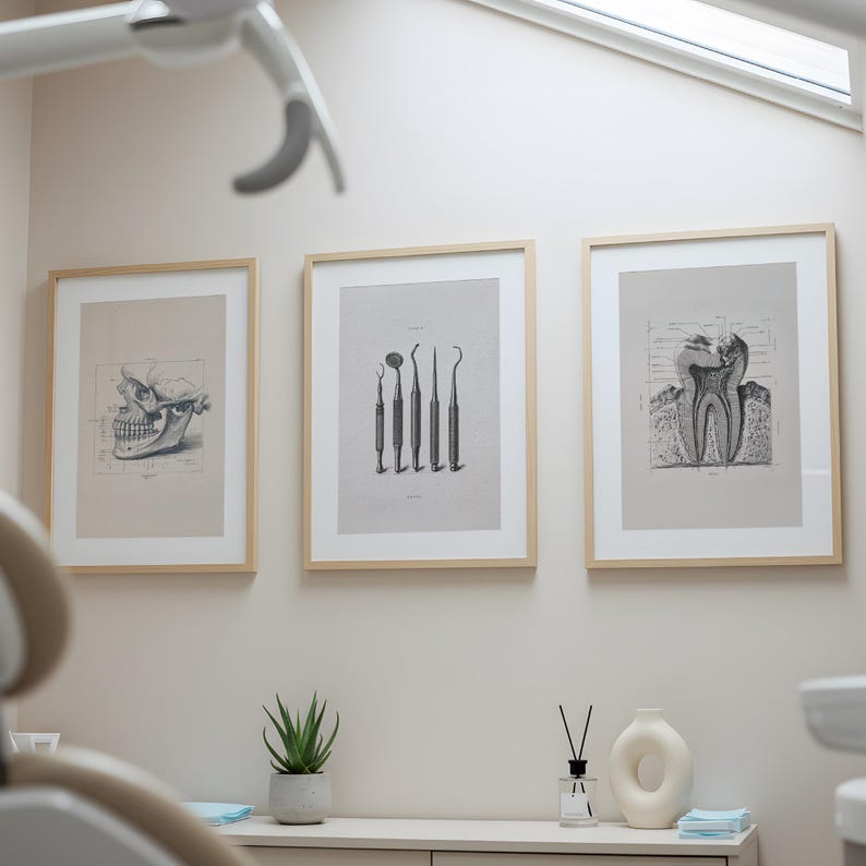 Framed vintage illustration of three teeth hanging above white chairs in a dentist waiting area, minimalistic wall art decor.