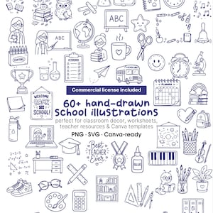 Puede incluir: Una colección de más de 60 ilustraciones escolares dibujadas a mano en tinta azul. La imagen incluye varios objetos relacionados con la escuela, como un búho, libros, una manzana, un autobús escolar y el texto "Best Teacher Ever."