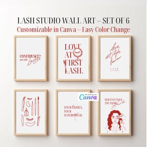 Puede incluir: Conjunto de seis impresiones artísticas enmarcadas para un estudio de pestañas. Cada impresión presenta texto e ilustraciones en rojo sobre un fondo blanco. Las impresiones incluyen frases como "¿Confianza? Solo agrega pestañas".