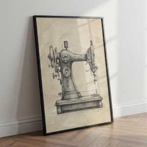Antique sewing machine printable wall art. Vintage detailed sketch illustration, perfect for sewing room, tailor studio or craft space decoration. Printable high-resolution digital file, ideal for seamstress gift or fashion design wall décor. Classic retro beige background with graphite sketch look