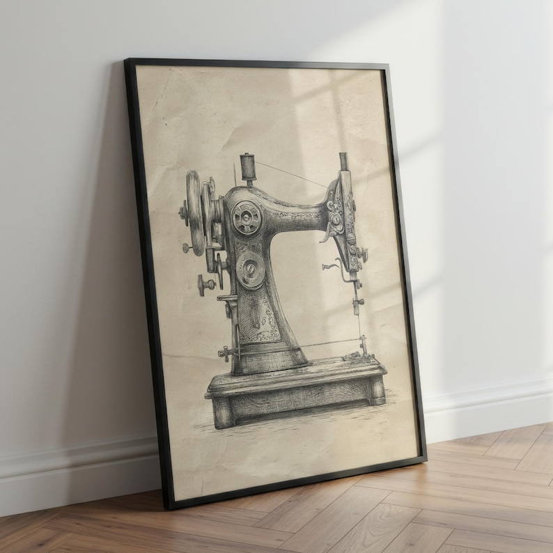Antique sewing machine printable wall art. Vintage detailed sketch illustration, perfect for sewing room, tailor studio or craft space decoration. Printable high-resolution digital file, ideal for seamstress gift or fashion design wall décor. Classic retro beige background with graphite sketch look