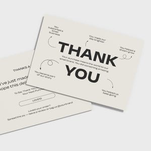 Flat lay of printable thank you card template with bold black text and minimalist style. Arrows highlight phrases like “You made our day brighter” and “You helped us keep going.” Designed for packaging inserts and editable in Canva.