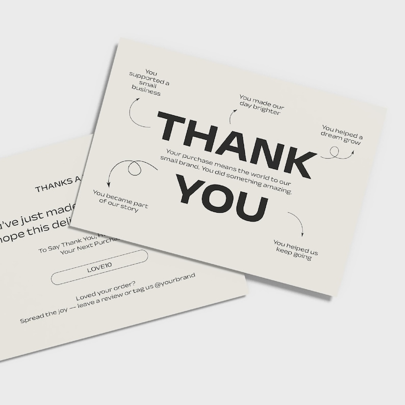 Flat lay of printable thank you card template with bold black text and minimalist style. Arrows highlight phrases like “You made our day brighter” and “You helped us keep going.” Designed for packaging inserts and editable in Canva.