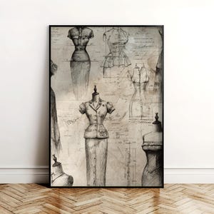 Printable fashion design sketches wall art. Vintage drawings of dress forms and clothing measurements, ideal for sewing rooms, tailor studios, and fashion designer décor. Antique style printable poster, digital download for sewing lovers.