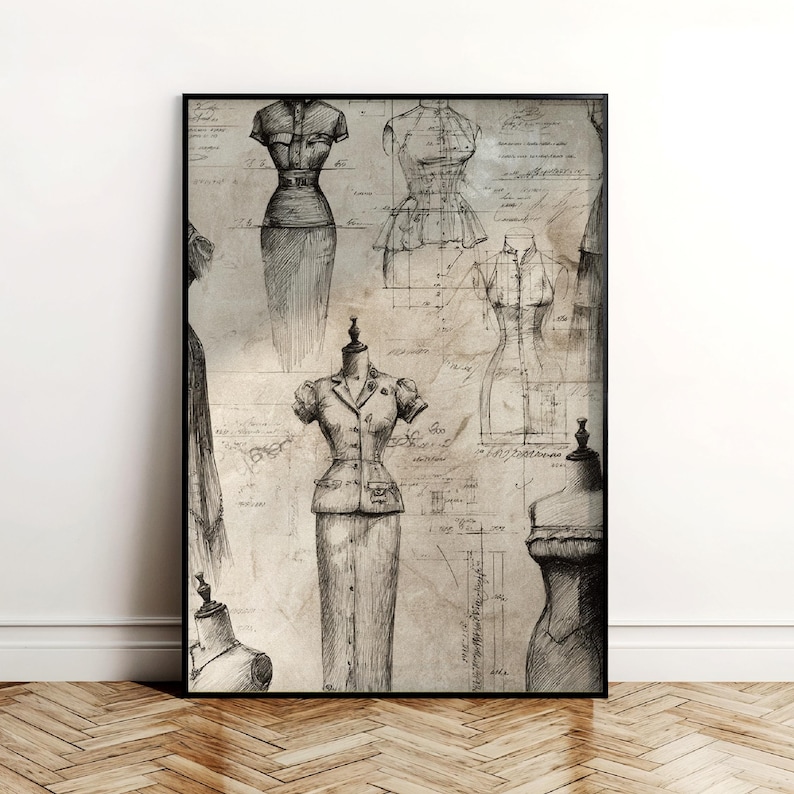Printable fashion design sketches wall art. Vintage drawings of dress forms and clothing measurements, ideal for sewing rooms, tailor studios, and fashion designer décor. Antique style printable poster, digital download for sewing lovers.