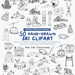 Può includere: Una collezione di 50 illustrazioni in bianco e nero disegnate a mano con temi di sport invernali e montagna, tra cui sciatori, snowboarder, impianti di risalita, baite, montagne, pini, attrezzatura da sci e il testo 50 HAND-DRAWN SKI CLIPART.
