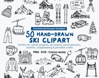 50 Hand-Drawn Ski Clipart Bundle, Winter Sports Icons, Snowboard Mountain Graphics (PNG SVG)