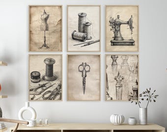 Vintage Sewing Room Art Prints: Tailor, Dress Form & Scissors (Digital Download)