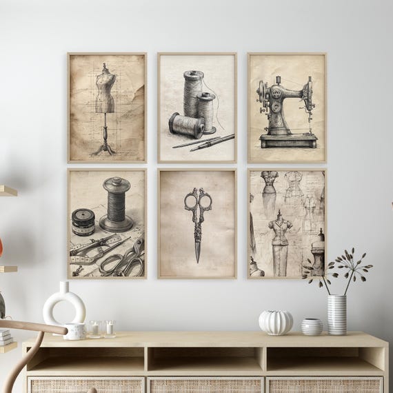Vintage Sewing Room Art Prints: Tailor, Dress Form & Scissors (Digital Download)