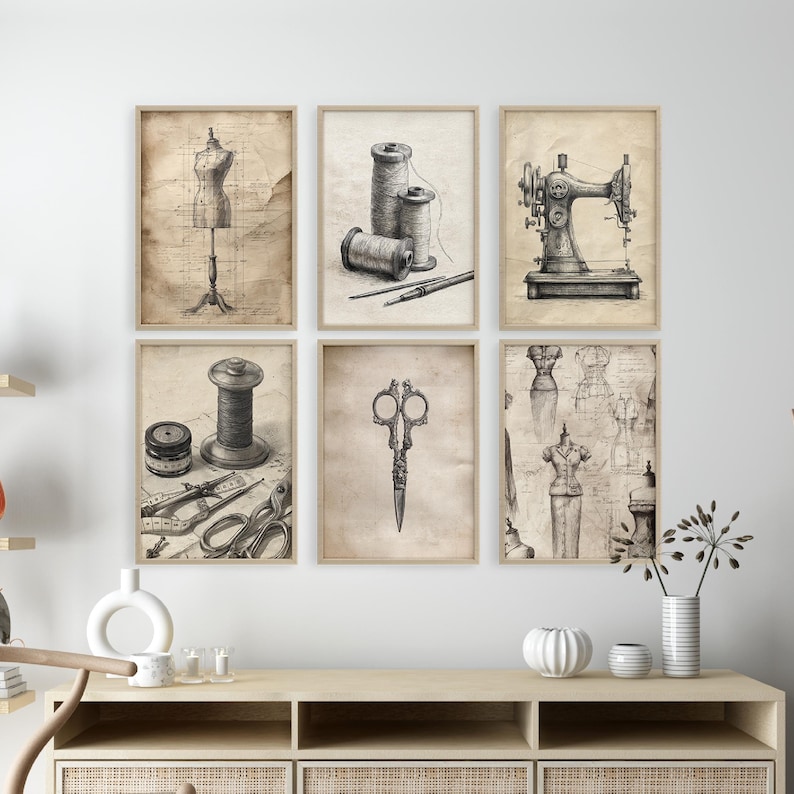 Set of 6 vintage sewing wall art posters featuring antique sewing machine, dress form sketches, ornate scissors, spools of thread and tailoring tools. Perfect printable wall décor for sewing rooms, tailor studios, or fashion design spaces. Neutral tones and retro sketch style fit rustic, vintage, or minimalist interiors. Digital download for easy at-home or print shop printing.