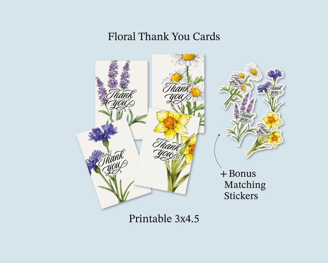 Printable Thank You Cards Set – 4 Floral 3x4.5" Cards + Bonus Sticker ...