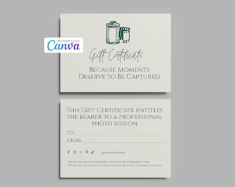 Editable Photography Gift Certificate Template | Photo Session Voucher | Photographer Branding | Canva Template | Printable Card