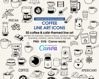 Coffee Line Art Icons | Cafe Illustrations, Barista Menu (SVG PNG)