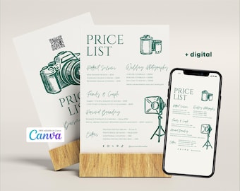 Plantilla editable de lista de precios de fotografía: Diseño moderno de Canva