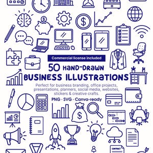 Pode incluir: Uma coleção de 50 ilustrações de negócios desenhadas à mão em azul escuro com ícones como calendário, relógio, computador, foguete, troféu e lâmpada, com o texto 50 HAND-DRAWN BUSINESS ILLUSTRATIONS, Commercial license included, PNG, SVG.