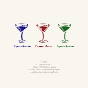Three espresso martini illustrations in different colors (blue, red, green) showing editable vector style. Demonstrates how users can change colors of cocktail icons in Canva. Minimal beige background with clean line art design. Perfect for branding, bar menus, stickers and customizable drink graphics.