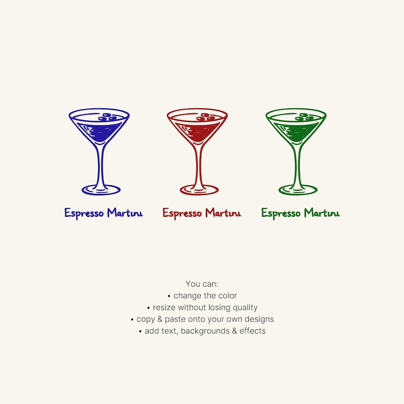 Three espresso martini illustrations in different colors (blue, red, green) showing editable vector style. Demonstrates how users can change colors of cocktail icons in Canva. Minimal beige background with clean line art design. Perfect for branding, bar menus, stickers and customizable drink graphics.