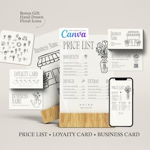 Florist Business Bundle Canva Template – Editable Price List, Loyalty Card, Business Card – Flower Shop Set with Hand-Drawn Floral Icons