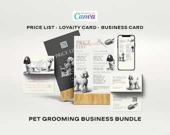 May include: A pet grooming business bundle with a price list, loyalty card, and business card designs. The price list details grooming services and prices. The business cards and loyalty card feature dog illustrations. The text "PET GROOMING BUSINESS BUNDLE" is displayed.