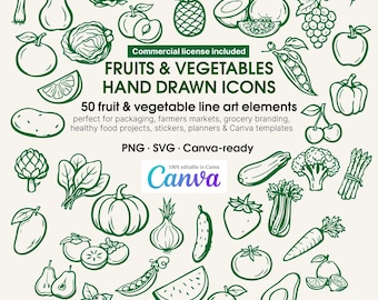 Hand Drawn Fruits Vegetables Icons Bundle – 50 Line Art Elements (SVG PNG)