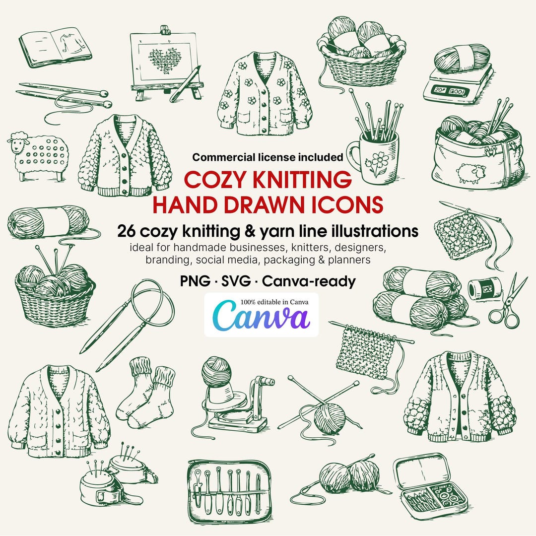 Knitting Line Art Icons | Hand-drawn Yarn & Crochet SVG PNG, Canva ...