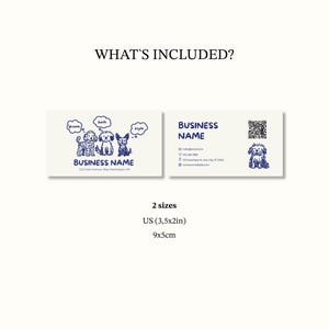 This image shows what is included in the dog grooming business card template set: two card sides in two sizes, US 3.5×2 inches and European 9×5 cm. It displays clean cream backgrounds, navy line-art dog illustrations, and modern text layouts. The visual highlights that both sizes are fully editable in Canva and easy to customize. Ideal for groomers, pet spas, and pet-care businesses who want adorable, consistent branding for printing or digital sharing.