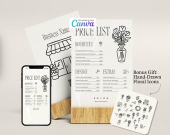 Plantilla editable de lista de precios de floristería: Menú minimalista para floristería (Canva, descarga digital)