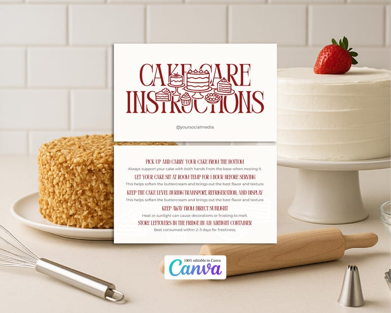 Editable Cake Care Card Template: Bakery Instructions (canva Template ...
