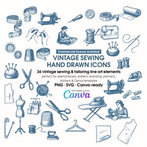 Vintage Sewing Icons | Hand-Drawn Tailor Clipart (PNG, SVG)