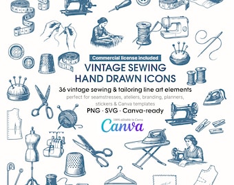 Vintage Sewing Icons | Hand-Drawn Tailor Clipart (PNG, SVG)