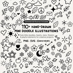 May include: A collection of over 110 black and white hand-drawn mini doodle illustrations featuring stars, hearts, flowers, celestial bodies, insects, and nature motifs. The text reads 110+ hand-drawn mini doodle illustrations, commercial license included.