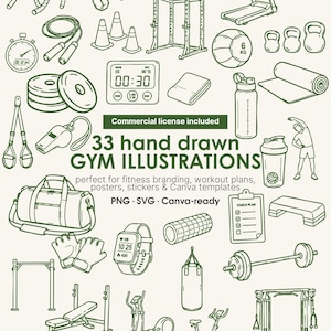 May include: Line art illustrations of gym equipment, including dumbbells, a treadmill, kettlebells, a medicine ball, and a weight bench. The image also features a stopwatch, a water bottle, and a digital timer. Text reads "33 hand drawn GYM ILLUSTRATIONS".