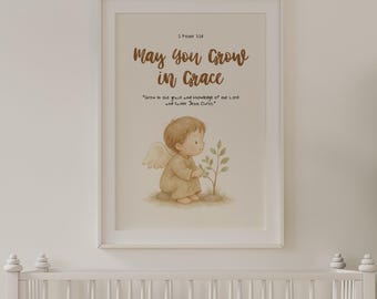 Chrześcijański wydruk do pokoju dziecięcego, Aniołek, grafika ścienna z fragmentem Pisma Świętego (do pobrania w wersji cyfrowej)