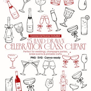 May include: A collection of 25 hand-drawn celebration glass clipart illustrations in black and red ink. The set features various wine bottles, champagne flutes, martini glasses, and coupes, some adorned with bows, alongside the text 25 HAND-DRAWN CELEBRATION GLASS CLIPART.