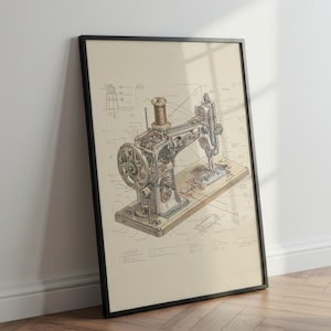 Könnte beinhalten: Ein gerahmter Druck mit einer detaillierten Illustration einer Vintage-Nähmaschine. Das Kunstwerk zeigt die komplizierten mechanischen Komponenten der Maschine, dargestellt in Grau-, Braun- und Beigetönen. Der Druck ist vor einem neutralen Hintergrund mit einem schwarzen Rahmen gesetzt.