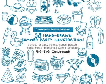 Puede incluir: Colección de 58 ilustraciones de fiesta de verano dibujadas a mano en azul, que incluyen una sombrilla, un bikini, helado y el texto "Summer Party Illustrations". Perfecto para invitaciones, menús y redes sociales.