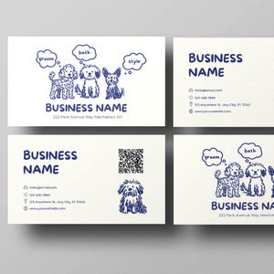 This image displays four variations of the editable dog grooming business card template, showing both front and back designs. Each card includes cream backgrounds, navy doodle dog illustrations, clear contact details, icons, and a QR code option. The designs look friendly, minimal, and professional, perfect for groomers and pet salons seeking cohesive branding. The image highlights the flexibility of Canva editing and the charming hand-drawn dog style.