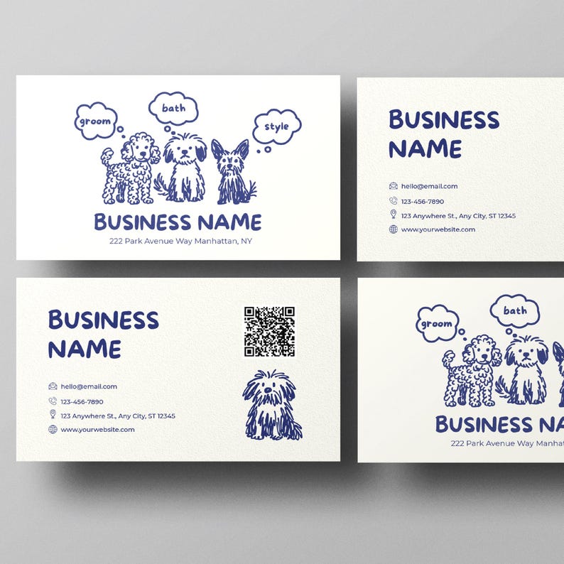 This image displays four variations of the editable dog grooming business card template, showing both front and back designs. Each card includes cream backgrounds, navy doodle dog illustrations, clear contact details, icons, and a QR code option. The designs look friendly, minimal, and professional, perfect for groomers and pet salons seeking cohesive branding. The image highlights the flexibility of Canva editing and the charming hand-drawn dog style.