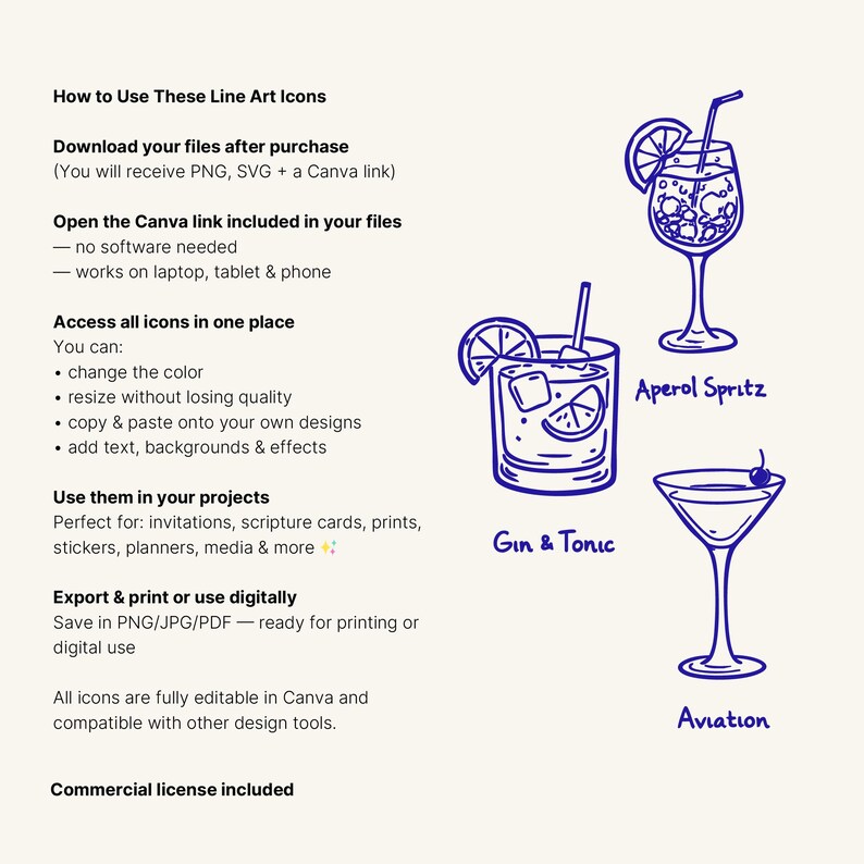Instruction page showing how to use cocktail line art icons. Includes steps for downloading files, opening in Canva, editing colors and resizing without quality loss. Decorative blue cocktail illustrations like Aperol Spritz, Gin and Tonic and Aviation are shown. Clean minimal layout explaining digital product usage for design projects, menus, stickers and templates.