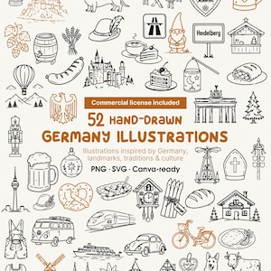 Könnte beinhalten: Eine Sammlung von 52 handgezeichneten Illustrationen in Schwarz und Braun, die deutsche kulturelle Symbole, Wahrzeichen, Speisen und Tiere zeigen, darunter ein Dackel, eine Brezel, ein Bierkrug, eine Kuckucksuhr und der Text 52 HAND-DRAWN GERMANY ILLUSTRATIONS.