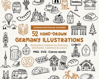 Hand-Drawn Germany Illustrations, Line Art Icons, Travel, Landmarks (SVG PNG)